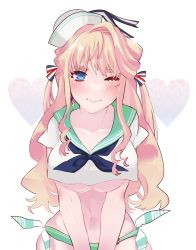 Rule 34 | 1girl, blonde hair, blue eyes, blush, breasts, dress, earrings, hair ornament, hair ribbon, hat, heart, highres, jewelry, large breasts, long hair, macross, macross frontier, midriff, one eye closed, ribbon, sailor, sailor dress, sailor hat, sechi (stst1850), sheryl nome, smile, solo, underboob, white background