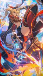 Rule 34 | 1girl, absurdres, armor, black pantyhose, black skirt, blue eyes, boots, breastplate, breasts, fire, granblue fantasy, highres, holding, holding polearm, holding weapon, long hair, looking at viewer, medium breasts, navel, pantyhose, polearm, red armor, red footwear, skirt, solo, spear, thigh boots, twintails, weapon, zeta (granblue fantasy), zhiyan li