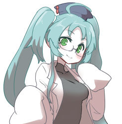 Rule 34 | 1girl, aqua hair, blush, breasts, closed mouth, coat, commentary request, freckles, glasses, grey eyes, grey shirt, hat, lab coat, long hair, long sleeves, looking at viewer, medium breasts, semi-rimless eyewear, shirt, simple background, sleeves past wrists, smile, solo, sumiyao (amam), turtleneck, two side up, under-rim eyewear, white background, white coat