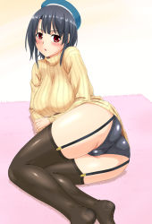 Rule 34 | 10s, 1girl, ass, black hair, black panties, black thighhighs, breasts, cameltoe, carpet, garter straps, kantai collection, large breasts, looking at viewer, lying, on side, panties, parted lips, red eyes, ribbed sweater, short hair, solo, sweater, takao (kancolle), thighhighs, thighs, turtleneck, underwear, urase shioji