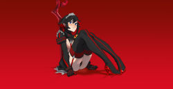 Rule 34 | 1girl, adapted costume, alternate costume, ass, black thighhighs, blue eyes, boots, breasts, enmaided, full body, garter straps, high heel boots, high heels, highres, hong doo, kill la kill, legs together, looking at viewer, maid, maid headdress, matoi ryuuko, multicolored hair, red background, senketsu, short hair, sitting, smile, solo, sword, thigh boots, thighhighs, two-tone hair, underboob, weapon