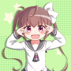 Rule 34 | 10s, 1girl, :d, \m/, ahoge, blush, bow, brown hair, collarbone, commentary request, double \m/, fang, goth risuto, green background, grey neckwear, grey skirt, hair between eyes, hair bow, long hair, long sleeves, momochi tamate, open mouth, polka dot, polka dot background, purple eyes, school uniform, serafuku, shirt, skirt, slow start, smile, solo, star (symbol), starry background, twintails, very long hair, white bow, white shirt