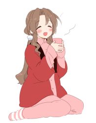 Rule 34 | 1girl, aerith gainsborough, blush, casual, closed eyes, coat, cup, final fantasy, final fantasy vii, full body, holding, holding cup, kneeling, krudears, low ponytail, open mouth, pajamas, pants, parted bangs, pink pajamas, pink pants, pink shirt, red coat, shirt, sidelocks, smile, socks, steam, striped clothes, striped legwear, striped socks, wavy hair, white background