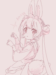 Rule 34 | 1girl, :&lt;, animal ears, apron, blush stickers, brown background, closed mouth, commentary, copyright request, double bun, dress, frilled apron, frills, from side, hair bun, hands up, highres, jigatei (omijin), long hair, looking at viewer, looking to the side, monochrome, rabbit ears, rabbit girl, rabbit tail, short eyebrows, simple background, solo, sparkle, tail, thick eyebrows, twintails, very long hair