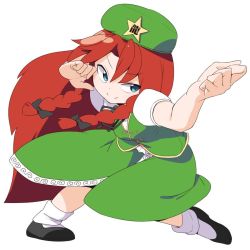 Rule 34 | 1girl, black bow, blue eyes, bow, braid, female focus, fighting stance, hair bow, hat, hong meiling, kagura roku, long hair, red hair, simple background, smile, solo, touhou, white background