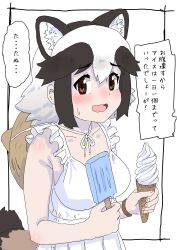 Rule 34 | 1girl, absurdres, animal ears, black hair, blush, breasts, commentary, dress, food, hat, heart, heart-shaped pupils, highres, holding, holding food, holding ice cream, ice cream, ice cream cone, iinsuka1998, kemono friends, kemono friends 3, large breasts, looking at viewer, multicolored hair, open mouth, popsicle, raccoon ears, raccoon tail, short hair, skirt, sleeveless, sleeveless dress, smile, soft serve, solo, straw hat, sun hat, sundress, symbol-shaped pupils, tail, tanuki (kemono friends), translated, waffle cone, white dress, white hair