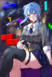 Rule 34 | 1girl, absurdres, bead bracelet, beads, belt, black gloves, black thighhighs, blue belt, blue choker, blue eyes, blue hair, blue necktie, blue ribbon, blue skirt, blush, bracelet, breasts, brooch, buttons, choker, collared shirt, crown, double-breasted, feet out of frame, frilled skirt, frills, gloves, grey jacket, grey skirt, hair between eyes, hair ribbon, hat, highres, hololive, hoshimachi suisei, hoshimachi suisei (1st costume), jacket, jewelry, layered skirt, legs, looking at viewer, medium breasts, medium hair, necktie, open mouth, partially fingerless gloves, plaid, plaid jacket, plaid skirt, ribbon, shinigami kiraki, shirt, side ponytail, single thighhigh, sitting, skirt, skirt set, sleeve cuffs, sleeves past elbows, solo, star (symbol), star bracelet, star brooch, star choker, star in eye, symbol in eye, teeth, thigh strap, thighhighs, thighs, virtual youtuber, white shirt