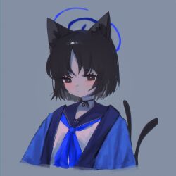 Rule 34 | 1girl, absurdres, animal ears, black eyes, black hair, blue archive, blue halo, blue neckerchief, blue sailor collar, cat ears, cat tail, closed mouth, grey background, halo, haori, highres, japanese clothes, kikyou (blue archive), multiple tails, neckerchief, pong2, sailor collar, short hair, simple background, solo, tail, two tails
