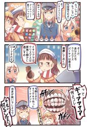 Rule 34 | 10s, :d, abyssal ship, alternate costume, bismarck (kancolle), blue eyes, blush stickers, brown eyes, brown hair, christmas, coat, comic, commentary request, enemy aircraft (kancolle), glasses, hair ornament, hat, headgear, highres, holding, ido (teketeke), kantai collection, littorio (kancolle), megaphone, open mouth, peaked cap, ro-500 (kancolle), roma (kancolle), scarf, silver hair, smile, stuffed animal, stuffed toy, sweat, tan, teddy bear, translation request, winter clothes, winter coat