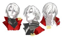 Rule 34 | 3boys, aged down, aged up, blue eyes, coat, dante (devil may cry), devil may cry, devil may cry (series), devil may cry 1, devil may cry 2, devil may cry 3, looking at viewer, male focus, metal ssuk, multiple boys, red coat, simple background, smile, white hair