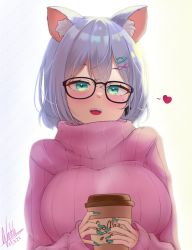 Rule 34 | absurdres, animal ears, aqua eyes, blush, breasts, cat ears, coffee cup, cup, dated, disposable cup, glasses, hair ornament, hairpin, heart, highres, hiiragi emuri, holding, holding cup, large breasts, looking at viewer, mole, mythic live, nail polish, natch imaycz, pink sweater, ribbed sweater, signature, smile, steam, sweater, virtual youtuber