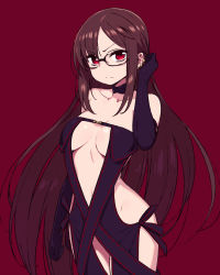 Rule 34 | 1girl, asymmetrical bangs, breasts, brown hair, chan co, commentary request, elbow gloves, fate/grand order, fate (series), glasses, gloves, groin, tucking hair, hip focus, long hair, medium breasts, multiple piercings, navel, red eyes, semi-rimless eyewear, solo, thighs, yu mei-ren (fate)