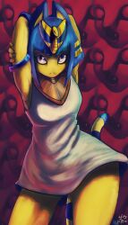 Rule 34 | 1girl, animal crossing, animal ears, ankha (animal crossing), armpits, arms behind back, artist request, blue hair, breasts, colored skin, egyptian clothes, gold, highres, looking at viewer, mask, medium breasts, multiple masks, muscular, muscular female, nintendo, purple eyes, red background, serious, tail, thighs, yellow skin