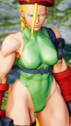 Rule 34 | 1girl, 3d, antenna hair, bare shoulders, blonde hair, blue eyes, braid, breasts, cammy white, covered navel, curvy, gloves, green leotard, hat, highleg, highleg leotard, highres, leotard, lips, long hair, looking to the side, medium breasts, red gloves, red hat, ryona, screencap, shiny clothes, solo, standing, street fighter, street fighter v, thighs, third-party edit, thong leotard, twin braids, very long hair, wide hips