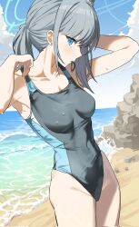 Rule 34 | 1girl, animal ears, armpits, arms up, black one-piece swimsuit, blue archive, blue eyes, blue sky, breasts, cloud, cloudy sky, collarbone, commentary, covered navel, cowboy shot, earrings, grey hair, highres, horizon, jewelry, looking at viewer, medium breasts, mouth hold, msonyeo15, ocean, official alternate costume, official alternate hairstyle, one-piece swimsuit, outdoors, ponytail, rock, shiroko (blue archive), shiroko (swimsuit) (blue archive), sky, solo, stud earrings, swimsuit, water drop
