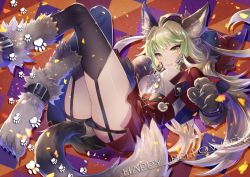 Rule 34 | 1girl, ahoge, animal ears, animal hands, ass, atalanta (fate), bad id, bad twitter id, butt plug, fake tail, fate/apocrypha, fate (series), garter straps, gloves, gradient hair, green eyes, halloween costume, happy halloween, hood, long hair, miyuki ruria, multicolored hair, paw gloves, paw print, paw shoes, sex toy, shoes, solo, tail, thighhighs, thighs