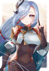 Rule 34 | 1girl, bare shoulders, blue eyes, bodystocking, commentary request, covered navel, genshin impact, grey hair, grey shirt, hair ornament, hair over one eye, hand up, highres, hip vent, long hair, long sleeves, looking at viewer, parted lips, shenhe (genshin impact), shirt, solo, tatara 1121, upper body, very long hair