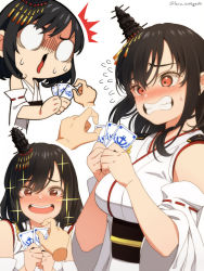 Rule 34 | 1girl, 1other, black hair, blush, breasts, card, clenched teeth, detached sleeves, disembodied limb, flying sweatdrops, hair between eyes, headgear, highres, japanese clothes, kantai collection, laco soregashi, medium breasts, medium hair, multiple views, nontraditional miko, nose blush, o o, old maid, open mouth, playing card, red eyes, ribbon-trimmed sleeves, ribbon trim, shaded face, simple background, sparkle, sweat, teeth, twitter username, white background, wide sleeves, yamashiro (kancolle)