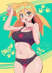 1girl bare_shoulders blonde_hair blush breasts buzzlyears cat female_focus green_eyes highres long_hair looking_at_viewer medium_breasts mega_man_(series) mega_man_legends_(series) open_mouth panties paw_print paw_print_background roll_caskett_(mega_man) shiny_skin underwear