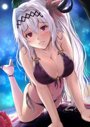 Rule 34 | 1girl, arm support, banner, bare arms, bare shoulders, bikini, blush, breasts, cleavage, collarbone, dark jeanne, feather hair ornament, feathers, flower, foreshortening, front-tie bikini top, front-tie top, granblue fantasy, hair between eyes, hair ornament, high heels, highres, horizon, jeanne d&#039;arc (granblue fantasy), kanzaki kureha, large breasts, legs up, long hair, looking at viewer, navel, night, night sky, open mouth, outdoors, red eyes, ribbon, side-tie bikini bottom, sidelocks, silver hair, sky, smile, solo, swimsuit, tareme, very long hair