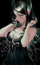 Rule 34 | 1girl, arknights, arms up, black dress, black hair, breasts, chest belt, cleavage, demon horns, dress, evening gown, hand in own hair, highres, horns, ines (arknights), long hair, makkuro, sleeveless, sleeveless dress, slit pupils, upper body, yellow eyes