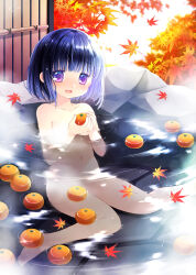 Rule 34 | 1girl, :d, autumn leaves, barefoot, blue hair, blurry, blurry background, collarbone, commentary request, convenient censoring, depth of field, food, fruit, hands up, highres, holding, holding food, holding fruit, leaf, looking at viewer, maple leaf, navel, nude, onsen, open mouth, original, partially submerged, purple eyes, sakurazawa izumi, short hair, smile, solo, steam, steam censor, water, yuzu (fruit), yuzu bath