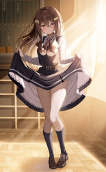 Rule 34 | 1girl, absurdres, belt, black dress, black socks, blush, brown eyes, brown footwear, brown hair, classroom, closed mouth, clothes lift, collared shirt, dress, floating hair, full body, hair between eyes, hair ornament, highres, indoors, kneehighs, lifting own clothes, light particles, lips, loafers, long hair, long sleeves, looking at viewer, neck ribbon, original, piyopoyo, red ribbon, ribbon, school uniform, shirt, shoes, sidelighting, sidelocks, skirt, skirt lift, smile, socks, solo, sunset, thighs, uniform, very long hair, white shirt