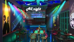 Rule 34 | alcohol, bar (place), bottle, chair, chinese commentary, commentary request, english text, flower, flower pot, glass, highres, light, neon lights, no humans, original, plant, poster (object), pulp fiction, scenery, shelf, sign, spotlight, table, toilet, xingzhi lv