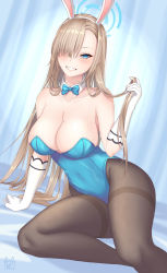 Rule 34 | 1girl, animal ears, asuna (blue archive), asuna (bunny) (blue archive), blonde hair, blue archive, blue bow, blue bowtie, blue eyes, blue leotard, bow, bowtie, breasts, detached collar, fake animal ears, gloves, highres, leotard, long hair, mole, mole on breast, pantyhose, playboy bunny, rabbit ears, rinko riban, self-upload, sitting, strapless, traditional bowtie, white gloves