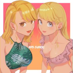 Rule 34 | 2019, 2girls, arms at sides, bikini, blonde hair, blue eyes, border, breasts, brown eyes, cleavage, collarbone, commentary request, curly hair, dated, ear piercing, earrings, english text, eyelashes, frilled bikini, frilled bikini top, frills, fullmetal alchemist, gradient background, green bikini, jewelry, large breasts, long hair, looking at viewer, medium breasts, multiple girls, navel, orange background, ozaki (tsukiko3), palm tree print, piercing, pink background, pink bikini, pink lips, red lips, ribbon, riza hawkeye, shiny skin, side-by-side, smile, stomach, swimsuit, text focus, upper body, white border, winry rockbell