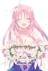 Rule 34 | 1girl, 2021, ahoge, bare shoulders, blouse, blue skirt, bra, breasts, cleavage, collarbone, dated, closed eyes, flower, flower wreath, highres, holding, ikumi hino, large breasts, megami-ryou no ryoubo-kun, open mouth, pink shirt, saotome atena, shirt, skirt, smile, solo, underwear, wreath