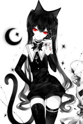 Rule 34 | 1girl, animal ears, artist name, bare shoulders, black hair, black thighhighs, cat ears, cat tail, commentary, cowboy shot, detached sleeves, hair between eyes, head tilt, highres, long hair, nail polish, original, red eyes, red nails, sheya, signature, solo, standing, symbol-only commentary, tail, thigh strap, thighhighs, twintails, very long hair