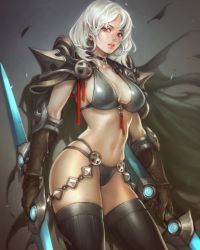Rule 34 | 1girl, absurdres, armor, bikini armor, black thighhighs, breasts, brown gloves, cape, choker, cleavage, double-blade, dual wielding, earrings, elbow pads, fantasy, gloves, highres, holding, hoop earrings, jewelry, large breasts, lips, looking at viewer, md5 mismatch, medium hair, midriff, mole, mole on breast, navel, night, orange eyes, original, parted lips, pauldrons, shoulder armor, sideboob, silver hair, solo, spikes, standing, stato (statoon), thighhighs, vambraces