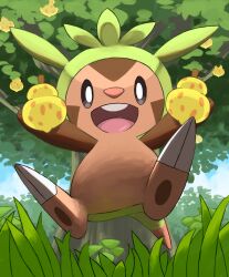 Rule 34 | :d, berry (pokemon), bright pupils, brown eyes, chespin, commentary request, creatures (company), day, full body, game freak, gen 6 pokemon, grass, happy, highres, jira (ziraiya26), looking at viewer, nintendo, no humans, open mouth, outdoors, pokemon, pokemon (creature), sitrus berry, smile, solo, teeth, tongue, tree, upper teeth only, white pupils