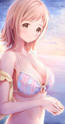 Rule 34 | 1girl, absurdres, bikini, blush, breasts, cleavage, cropped jacket, fujinomiya rio, halterneck, highres, idolmaster, idolmaster shiny colors, jacket, large breasts, light brown hair, looking at viewer, navel, open clothes, open jacket, outdoors, own hands together, plaid, plaid bikini, sakuragi mano, smile, solo, swimsuit, upper body, yellow jacket