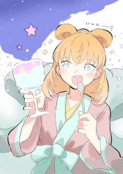 1girl :d alternate_costume blue_eyes commentary_request cosplay crossed_bangs cup drinking_glass erako9 food gelatin hagoromo hair_ornament hair_rings highres hinoshita_kaho holding holding_cup holding_spoon japanese_clothes kimono link!_like!_love_live! love_live! medium_hair open_mouth orange_hair orihime_(tanabata) orihime_(tanabata)_(cosplay) pink_kimono shawl three-quarter_sleeves smile solo spoon star_(symbol) star_hair_ornament teeth two_side_up upper_body upper_teeth_only virtual_youtuber wide_sleeves wine_glass