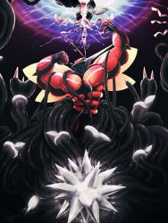Rule 34 | antennae, artist request, battle, biceps, bug, buzzwole, creatures (company), electricity, epic, fighting, game freak, gen 7 pokemon, highres, incoming attack, insect wings, muscular, nintendo, no humans, pokemon, pokemon (creature), stinger, tentacles, ultra beast, wings, xurkitree