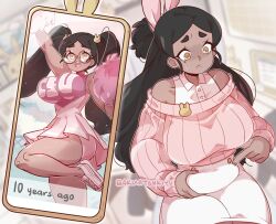 Rule 34 | age comparison, artist name, bakuatsukiyu, belly grab, poking belly, black hair, breasts, broke-chan (bakuatsukiyu), brown eyes, cellphone, cheerleader, commentary, dark-skinned female, dark skin, dress, english commentary, english text, eyebrows hidden by hair, frown, glasses, hair ornament, impossible clothes, impossible dress, large breasts, long hair, miniskirt, off-shoulder sweater, off shoulder, open mouth, original, pencil skirt, phone, pom pom (cheerleading), rabbit hair ornament, round eyewear, round teeth, short dress, shorts under dress, skirt, smartphone, smartphone case, standing, standing on one leg, sweatdrop, sweater, teeth, thick eyebrows, twintails, weight conscious