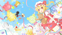 Rule 34 | 1girl, 6u (eternal land), bad id, bad pixiv id, bell, bird, blonde hair, bow, cake, candy, cookie, fang, flandre scarlet, flower, food, fruit, gloves, hair bow, hakurei reimu, hat, hat bow, kirisame marisa, lollipop, looking at viewer, mob cap, open mouth, puffy short sleeves, puffy sleeves, red eyes, ribbon, sash, shirt, short sleeves, side ponytail, skirt, skirt set, smile, solo, spoon, strawberry, stuffed animal, stuffed toy, teddy bear, touhou, vest, white gloves, wings, witch hat