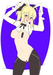 Rule 34 | 1girl, artoria pendragon (fate), black bow, black neckwear, blonde hair, blush, bow, bowtie, breasts, fate/grand order, fate (series), gloves, green eyes, half gloves, headband, highres, kawaruhi, large breasts, maebari, meme attire, pasties, ponytail, reverse bunnysuit, reverse outfit, saber lily, sleeve cuffs, two-tone background