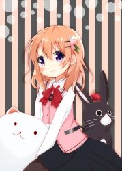 Rule 34 | 1girl, :d, angora rabbit, animal, anko (gochiusa), black pantyhose, black skirt, blush, bow, bowtie, buttons, closed mouth, collared shirt, commentary request, crescent, crown, flat chest, gochuumon wa usagi desu ka?, hair between eyes, hair ornament, hairclip, hoto cocoa, long hair, long sleeves, looking at viewer, mini crown, nagomi yayado, open mouth, orange hair, pantyhose, pink vest, purple eyes, rabbit, rabbit house uniform, red neckwear, shirt, skirt, smile, striped, striped background, tippy (gochiusa), two-tone background, vertical stripes, vest, white shirt, wing collar