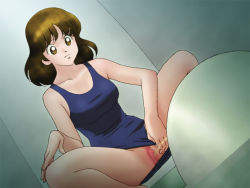 Rule 34 | 1girl, asakura minami, bathroom, blue one-piece swimsuit, breasts, brown eyes, brown hair, censored, clothing aside, collarbone, hand on own knee, looking down, medium breasts, monochrome (artist), one-piece swimsuit, peeing, pussy, short hair, squat toilet, squatting, swimsuit, swimsuit aside, toilet, toilet use, touch (manga)