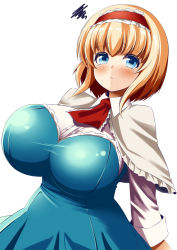 Rule 34 | 1girl, alice margatroid, ascot, blonde hair, blue dress, blue eyes, breasts, capelet, dress, frilled ascot, frills, gero zoukin, hairband, highres, large breasts, lolita hairband, puffy short sleeves, puffy sleeves, red ascot, red hairband, short hair, short sleeves, simple background, solo, touhou, white background