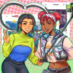 Rule 34 | 2girls, animification, apex legends, black pants, blue shirt, breasts, brown hair, brown lips, cellphone, chinese commentary, cleavage, conduit (apex legends), cropped shirt, cropped vest, dark-skinned female, dark skin, double bun, earrings, fingerless gloves, gloves, grey gloves, grey headband, grey vest, hair behind ear, hair bun, headband, highres, holding, hoop earrings, huo jiu jiaotou, instagram, jewelry, lifeline (apex legends), medium breasts, multiple girls, one eye closed, pants, parted lips, phone, red hair, selfie stick, shirt, shirt tucked in, short hair, shrug (clothing), smartphone, smile, sparkle, vest, white shirt, youtube