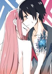 Rule 34 | 10s, 1boy, 1girl, black hair, blue eyes, grabbing another&#039;s breast, breasts, clothed male nude female, commentary request, couple, darling in the franxx, grabbing, hand on another&#039;s chest, hetero, highres, hiro (darling in the franxx), long hair, makicha (sasurainopink), military, military uniform, nude, open clothes, pink hair, scar, scar on chest, short hair, sweatdrop, uniform, zero two (darling in the franxx)