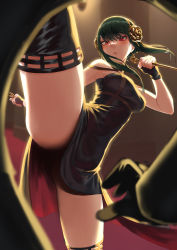 Rule 34 | 1girl, absurdres, black dress, black gloves, black hair, black thighhighs, breasts, closed mouth, dagger, dress, dual wielding, earrings, fingerless gloves, floating hair, flower, gloves, gold earrings, gold hairband, hair flower, hair ornament, hairband, highres, holding, holding dagger, holding knife, holding weapon, incoming attack, incoming kick, jewelry, kicking, knife, leg up, legs, long hair, looking at viewer, medium breasts, pov, pov hands, red eyes, red lips, rose, short hair with long locks, sidelocks, solo focus, spikes, spy x family, standing, standing on one leg, thighhighs, thighs, two-sided dress, two-sided fabric, weapon, yanagino (yanagino3), yellow hairband, yor briar