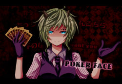 Rule 34 | 1girl, argyle, argyle background, argyle clothes, black gloves, black necktie, breasts, card, closed mouth, dress shirt, facial mark, gloves, green eyes, green hair, gumi, holding, holding card, horns, looking at viewer, matching hair/eyes, medium breasts, necktie, nobuda, outstretched arms, playing card, poker face (vocaloid), shaded face, shirt, short hair, smile, solo, spread arms, striped clothes, striped shirt, text focus, translation request, upper body, vocaloid, waistcoat