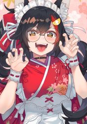 Rule 34 | absurdres, alternate costume, animal ears, bespectacled, black hair, blush, bow, commentary request, glasses, hair between eyes, hair bow, hair ornament, hairclip, highres, hololive, japanese clothes, kimono, looking at viewer, ookami mio, ookami mio (new year), open mouth, paw pose, portrait, solo, tonarikeru, virtual youtuber, wolf ears, yellow eyes