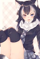 Rule 34 | &gt;:d, 10s, 1girl, :d, animal ear fluff, animal ears, black hair, black jacket, black socks, blue eyes, blush, chita (ketchup), crossed legs, fangs, fur collar, grey wolf (kemono friends), heterochromia, jacket, kemono friends, kneehighs, long hair, long sleeves, looking at viewer, miniskirt, multicolored hair, necktie, open mouth, parted lips, purple eyes, sitting, skirt, smile, socks, solo, striped clothes, striped necktie, striped neckwear, striped skirt, suit jacket, two-tone hair, v-shaped eyebrows, white hair, wolf ears