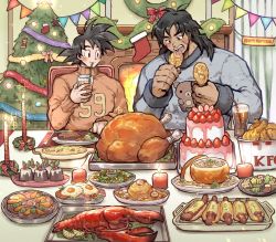 Rule 34 | 2boys, alternate costume, black eyes, black hair, blue sweater, blush, broly (dragon ball super), cake, candle, casual, chicken (food), christmas, christmas ornaments, christmas tree, contemporary, couple, cup, dark-skinned male, dark skin, dragon ball, dragon ball super, dragon ball super broly, eating, english text, facial scar, food, food request, fried chicken, fruit, hano (hanos91), interracial, lobster, male focus, medium hair, multiple boys, muscular, muscular male, orange sweater, print sweater, scar, scar on cheek, scar on face, short hair, son goku, spiked hair, strawberry, sweater, yaoi